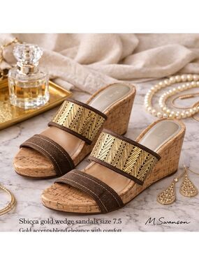 Sbicca Gold Metallic Woven Strap Cork Wedge Sandals Size 7.5